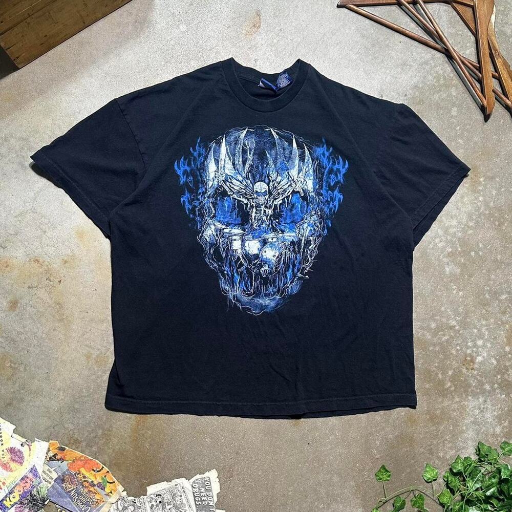 Vintage Y2K Grunge Skull Flames Demon Metal Tee Shirt Black Fire Wings Mens 2XL